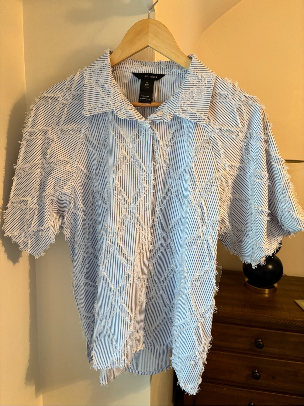 Ali Miles Light Blue Striped Fringe Short-Sleeve Button-Down Shirt - Picture 2 of 3